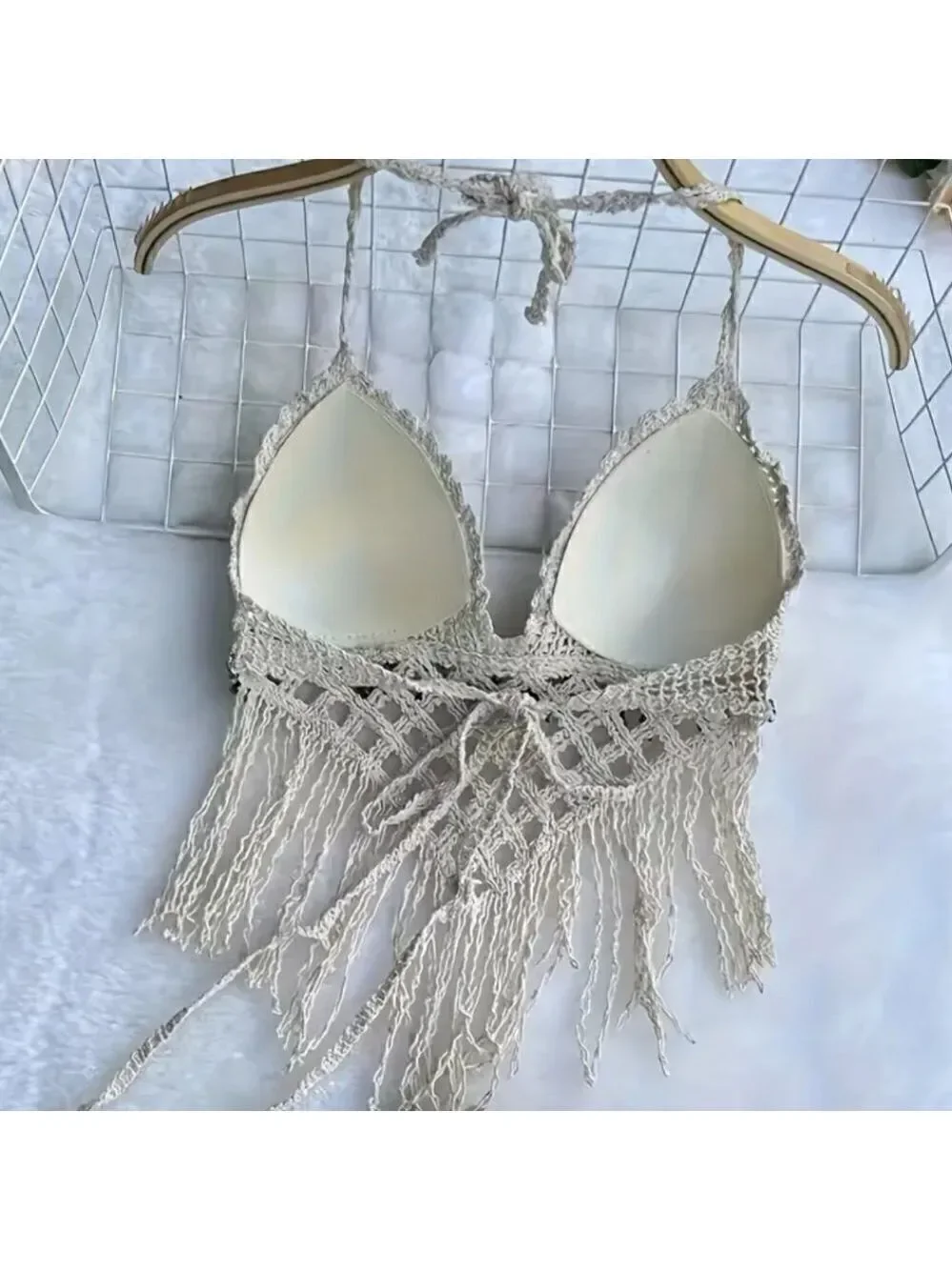 Crochet Halter Bra with Cropped Tassel Hem Summer Sleeveless Casual Top - Picture 5 of 8